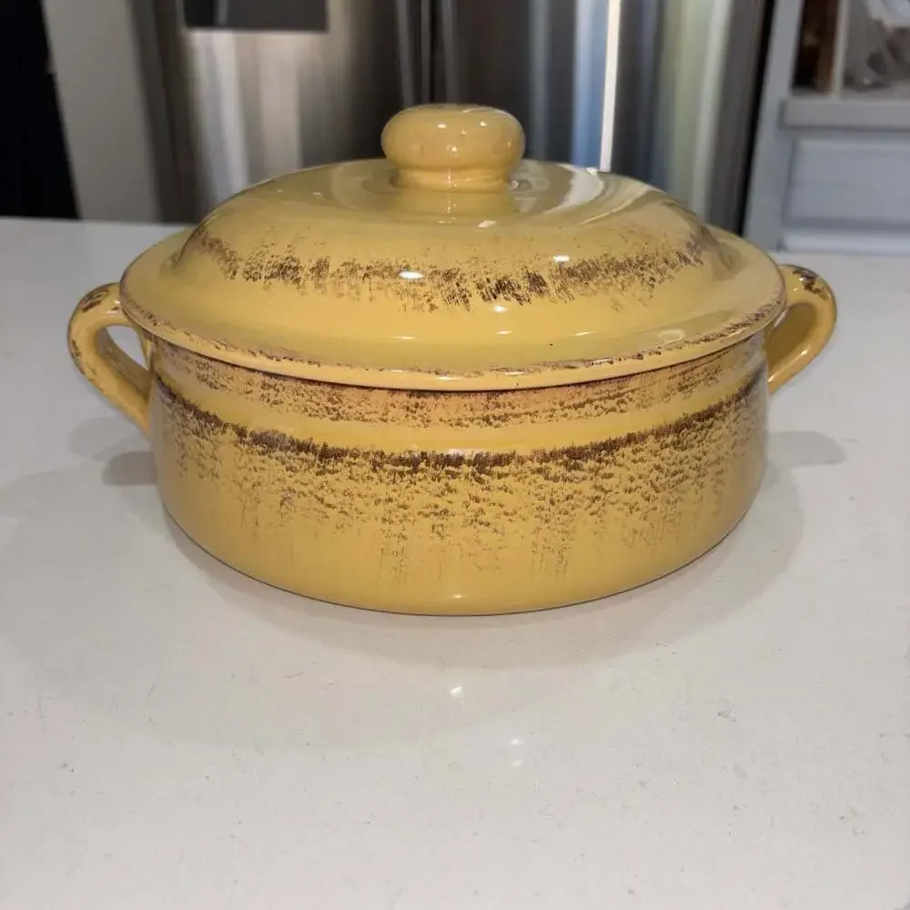 De Silva Yellow Glazed Terracotta Covered Casserole Dish Italy